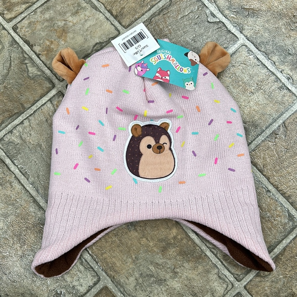 Squishmallows Beanie Toque Hat with Ears and Gloves Set, Pink with Sprinkles